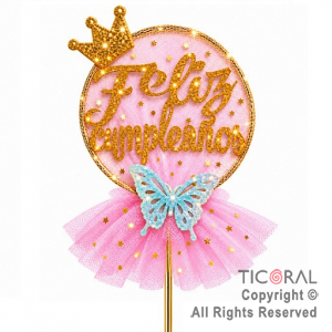 CAKE TOPPER FELIZ CUMPLEA�OS CIRCULO ORO CON TUL ROSA